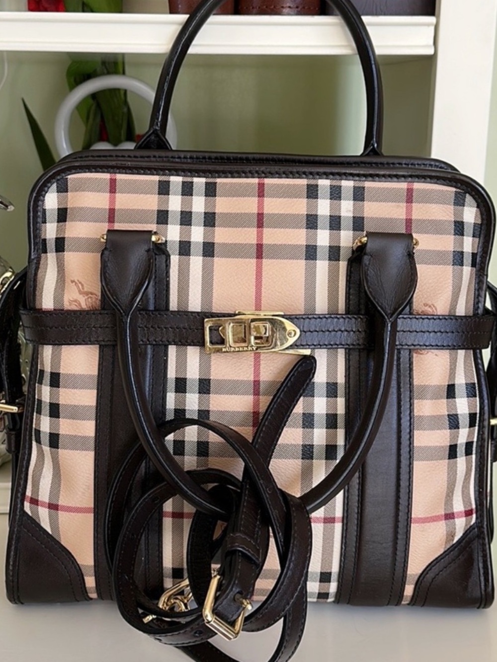 Classic Plaid Satchel Handbag with Black Trim - Picture 3 of 11